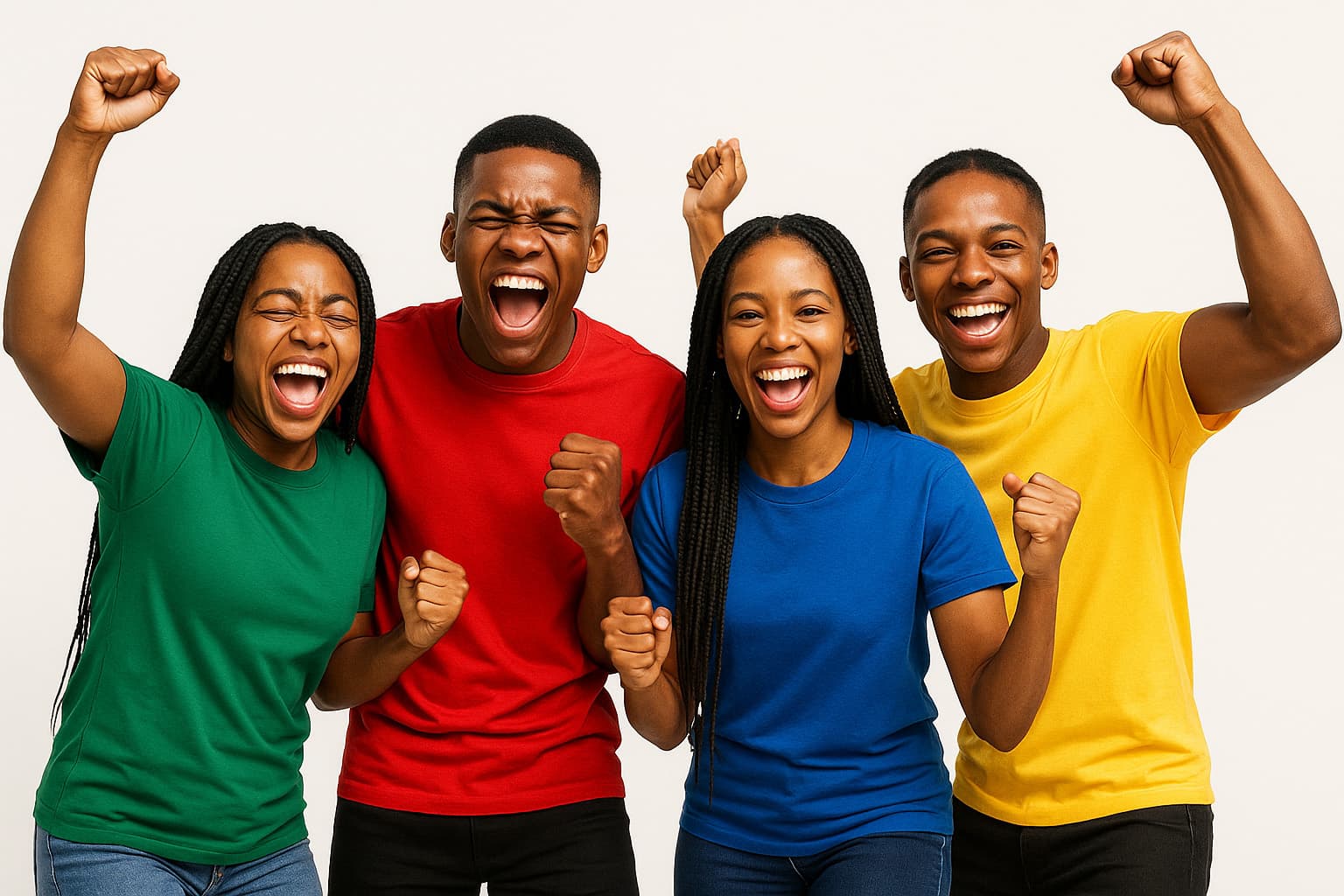 Excited young people wearing shirts in Namibian flag colors with raised fists celebrating
